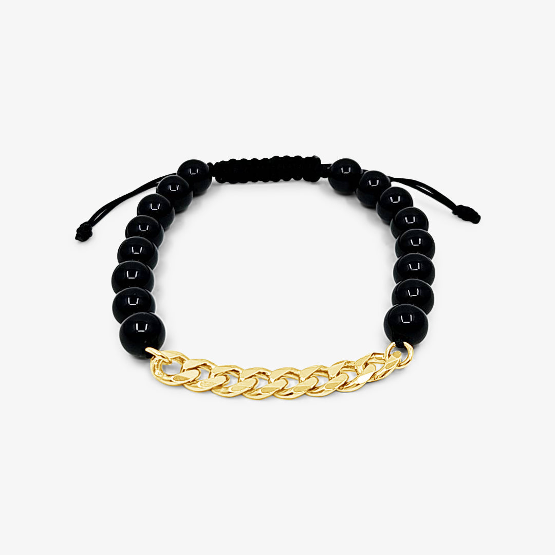 Black Onyx Beads with Curb Chain Bracelet-Gold