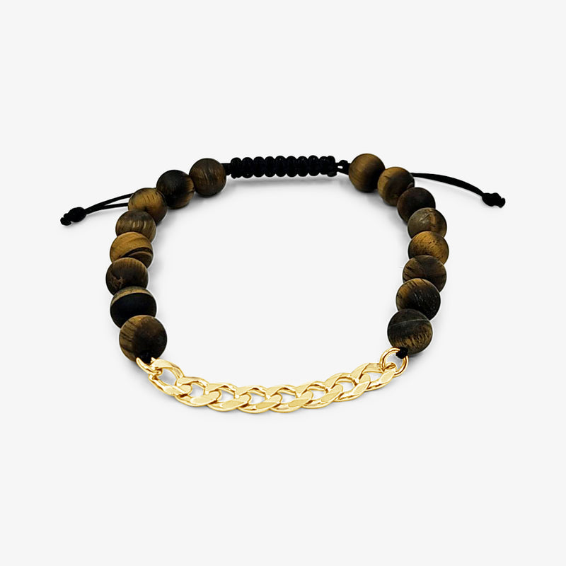 Tiger Eye Beads with Curb Chain Bracelet-Gold