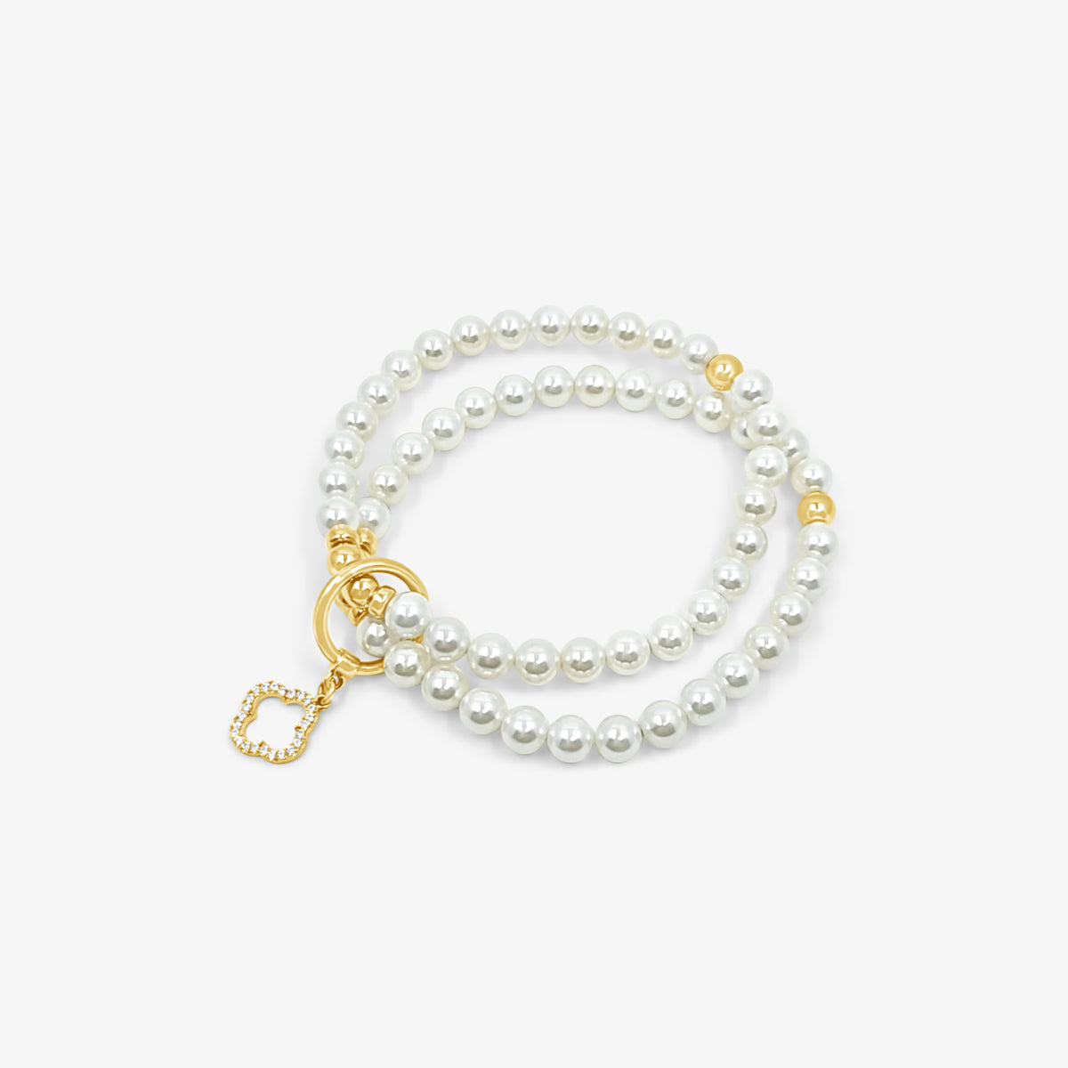 Bracelet double perles en nacre blanche et trèfle CZ