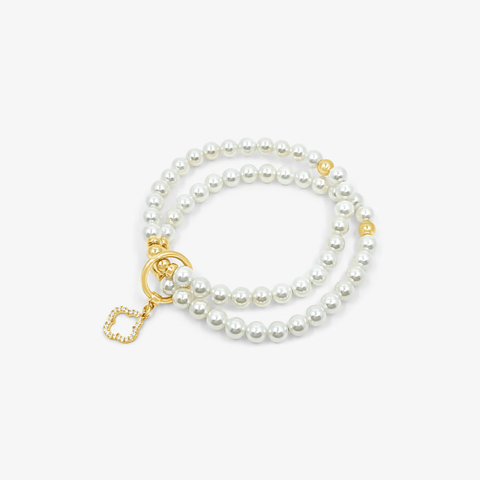 Double Beaded White Shell Pearl with Clover CZ Bracelet-Gold