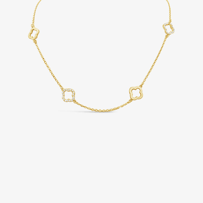 Six Four Leaf Clover Plain & CZ Necklace-Gold