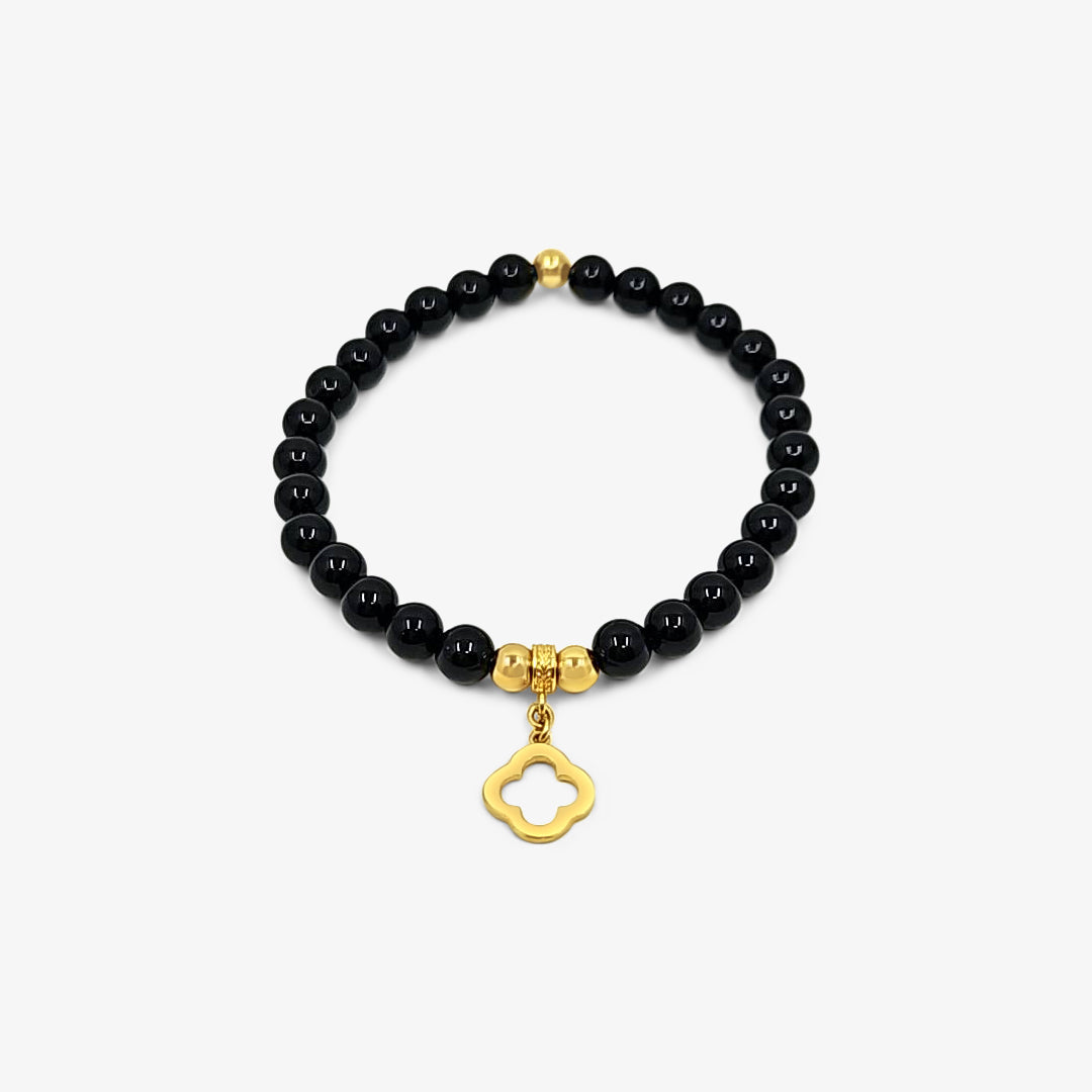 Black Onyx Clover Bracelet-Gold