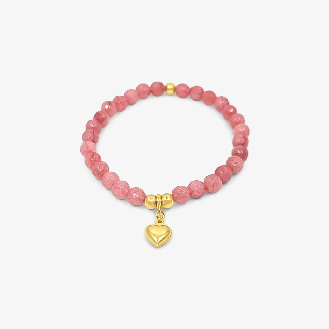 Jade Beads-Light Coral Heart Charm Bracelet-Gold