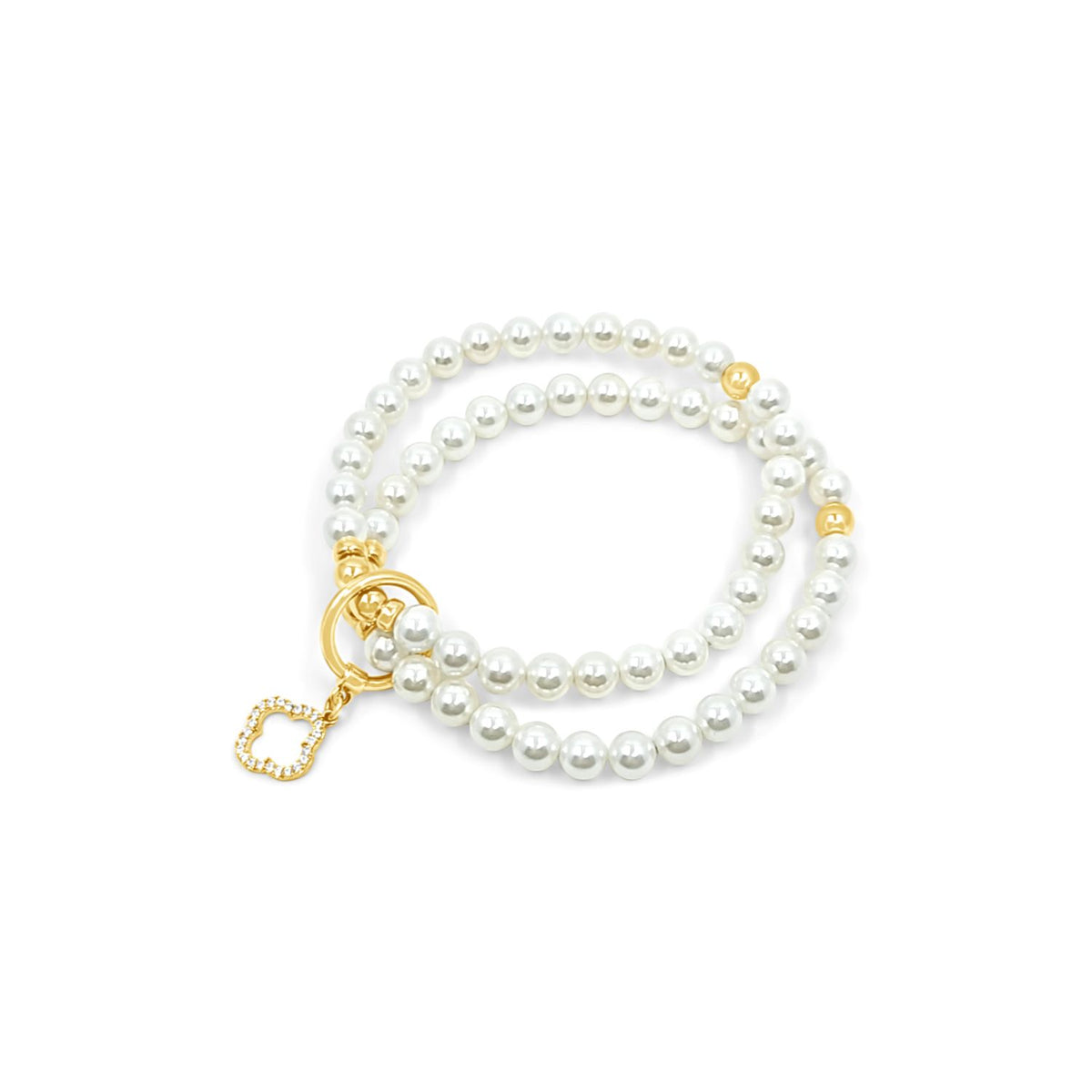 Double Beaded White Shell Pearl with Clover CZ Bracelet-Gold
