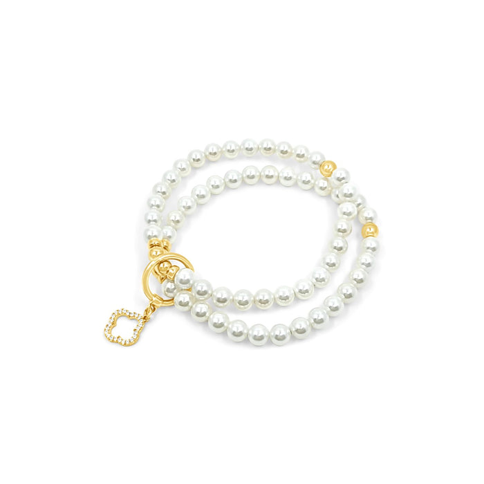 Double Beaded White Shell Pearl with Clover CZ Bracelet-Gold