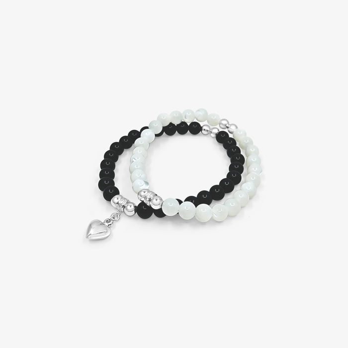 Double Bracelet - Black Onyx & MOP with Heart Charm