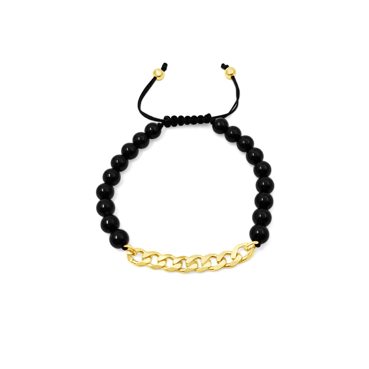 Black Onyx Beads with Curb Chain Bracelet-Gold