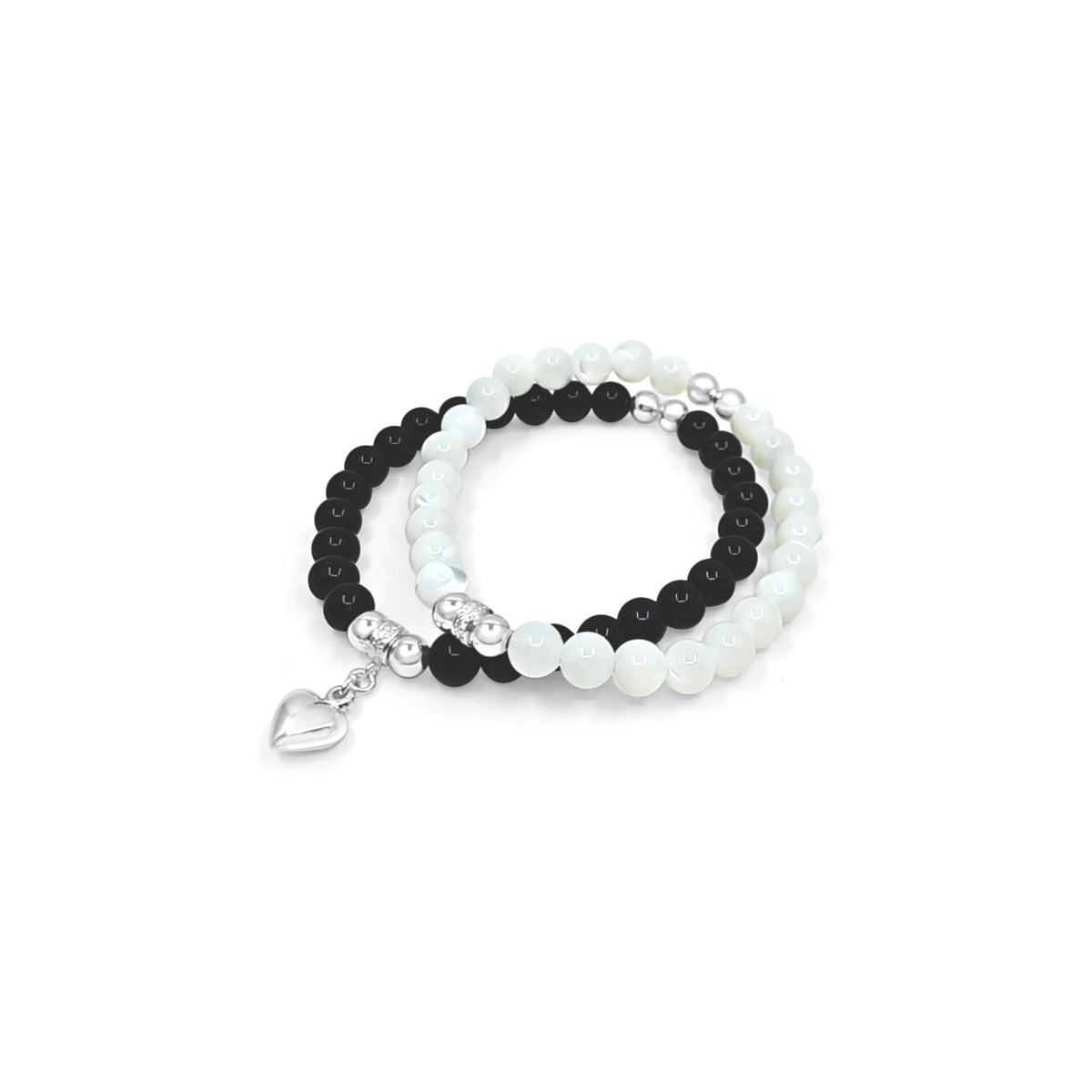 Double Bracelet - Black Onyx & MOP with Heart Charm