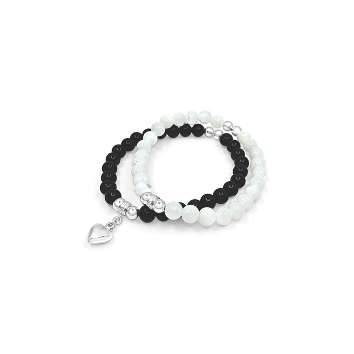 Double Bracelet - Black Onyx & MOP with Heart Charm