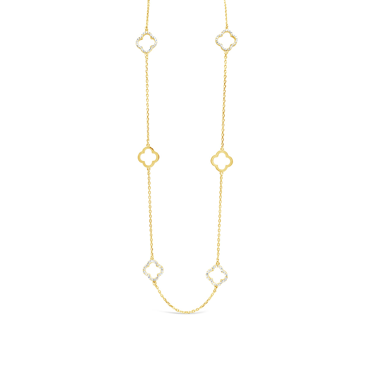 Long Six Four Leaf Clover Plain & CZ Necklace