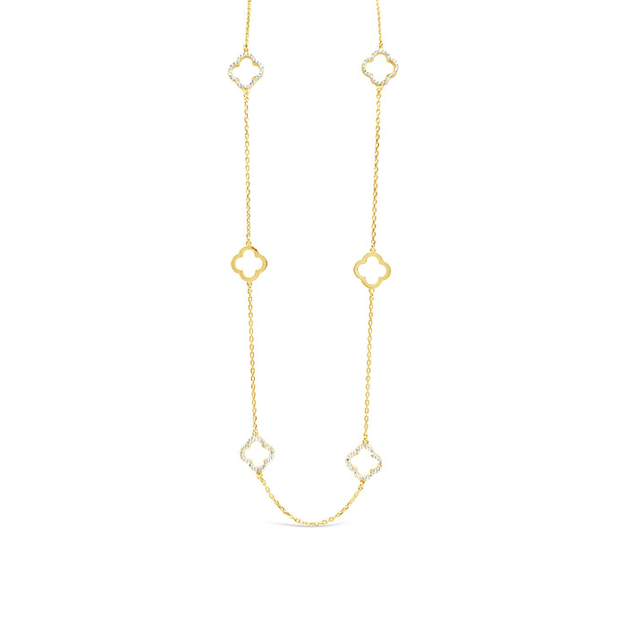 Long Six Four Leaf Clover Plain & CZ Necklace