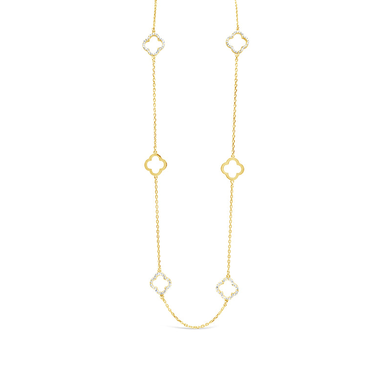 Long Six Four Leaf Clover Plain & CZ Necklace