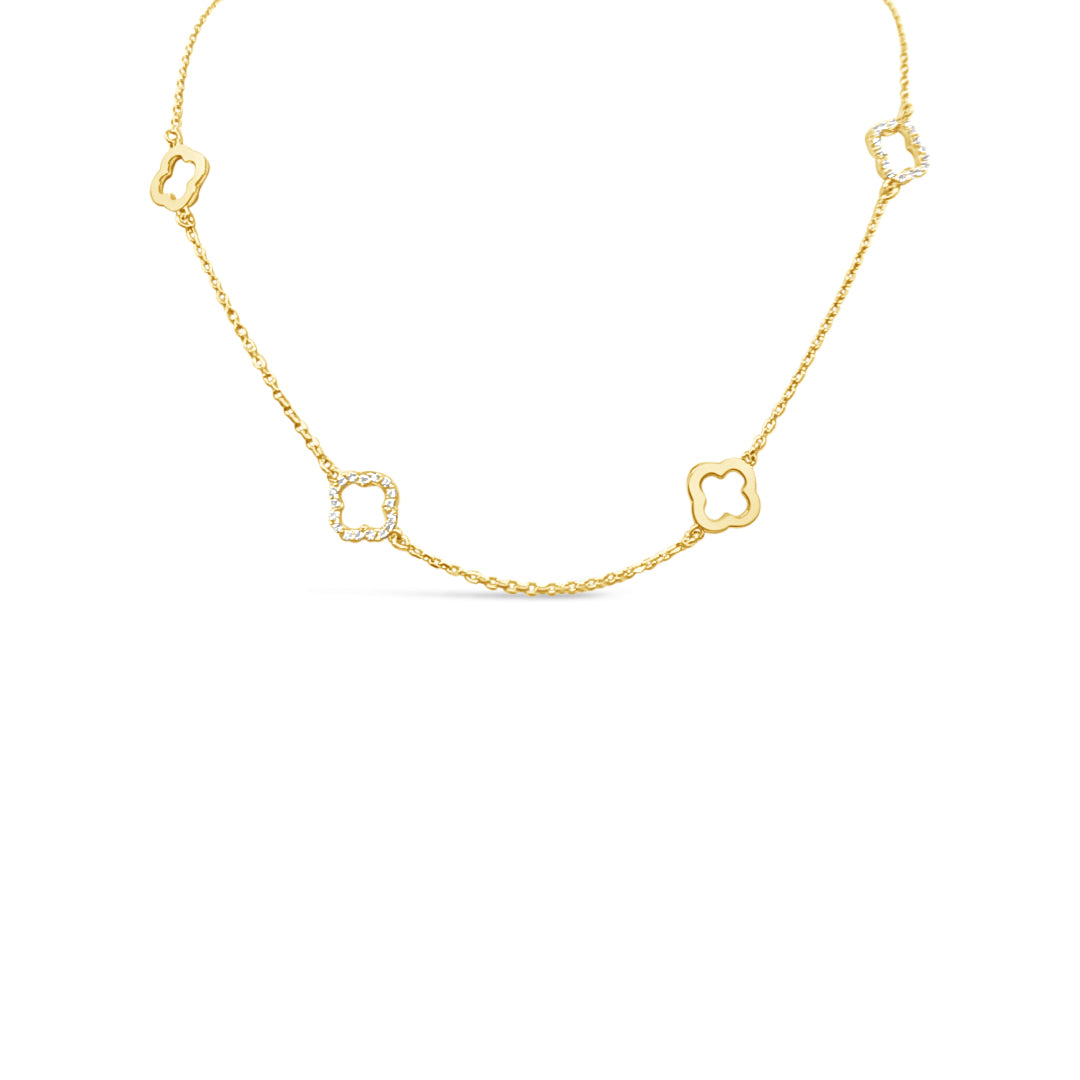 Six Four Leaf Clover Plain & CZ Necklace