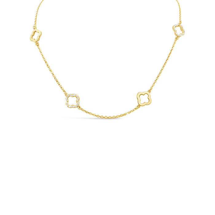 Six Four Leaf Clover Plain & CZ Necklace