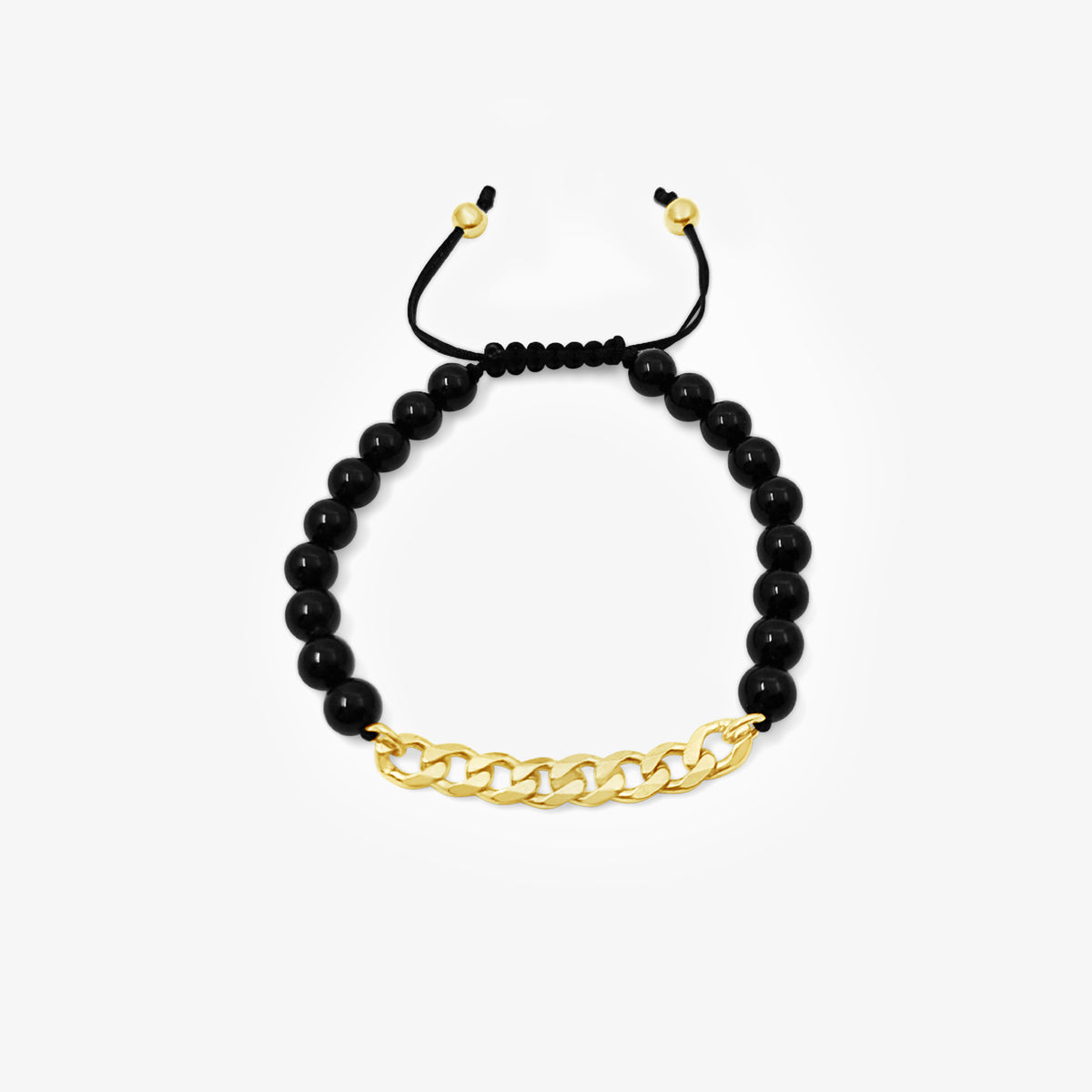 Black Onyx Beads with Curb Chain Bracelet-Gold