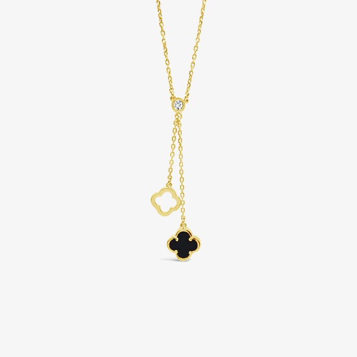 Y Necklace Double Clover Black Agate-Gold