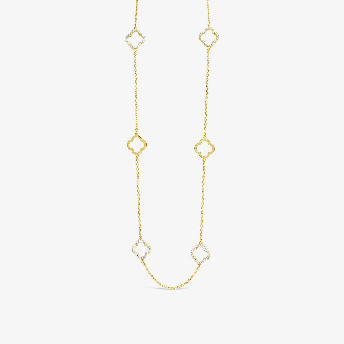 Long Six Four Leaf Clover Plain & CZ Necklace-Gold