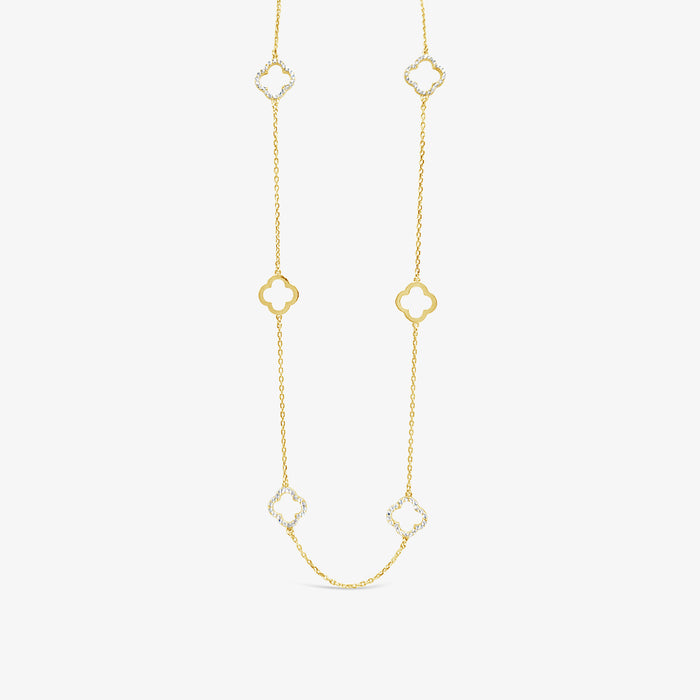 Long Six Four Leaf Clover Plain & CZ Necklace-Gold