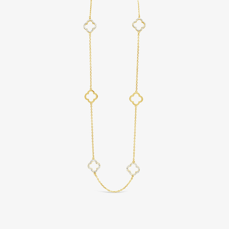 Long Six Four Leaf Clover Plain & CZ Necklace-Gold