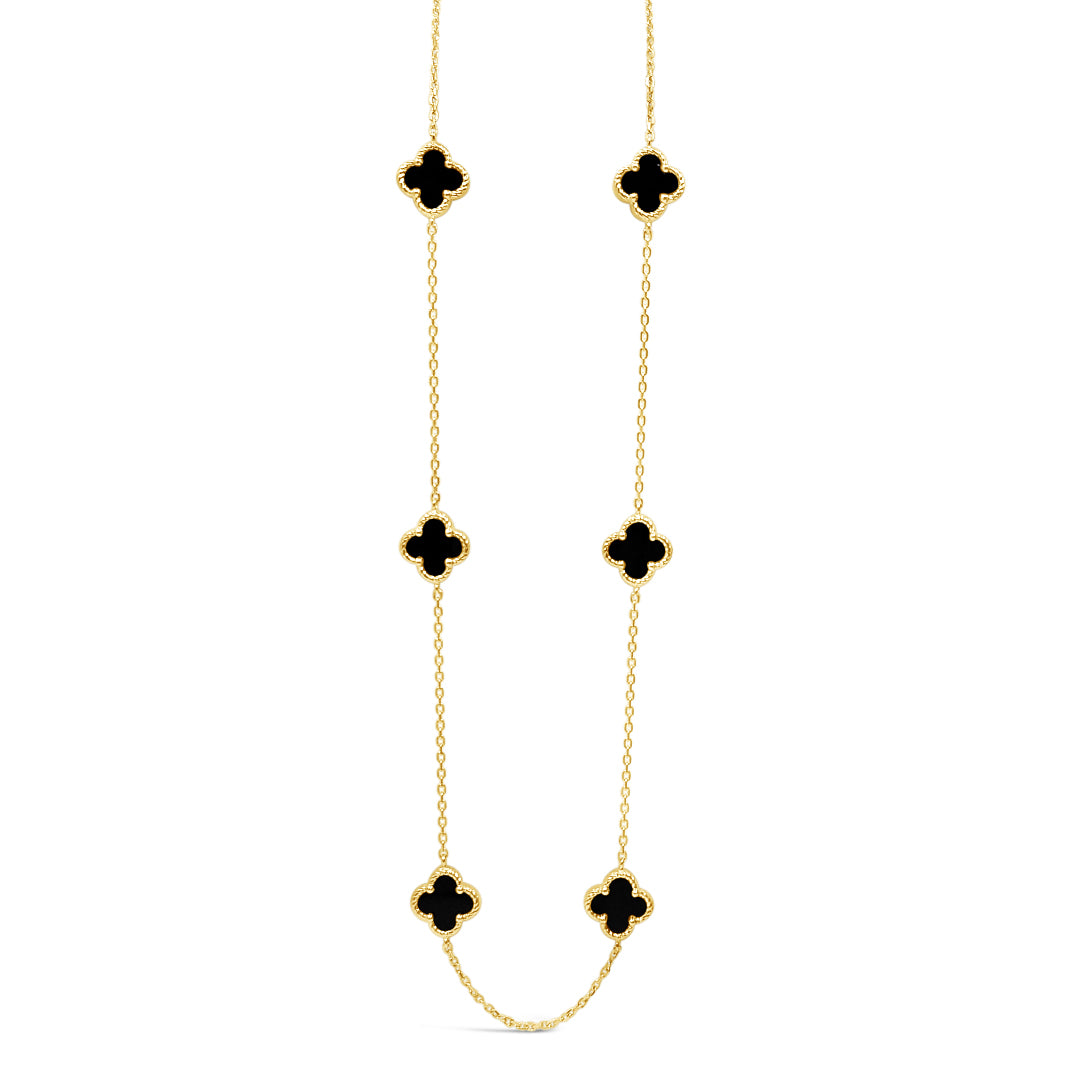 Six Twisted Four Clover Necklace-Black Agate-Gold