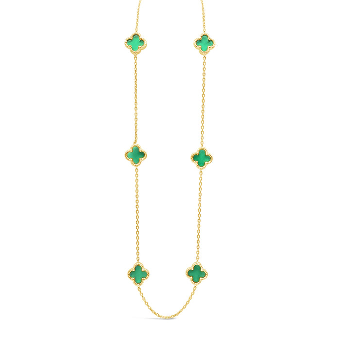 Six Twisted Four Clover Necklace-Green Onyx-Gold