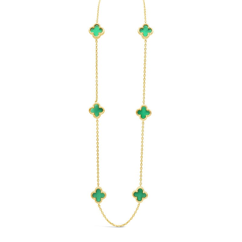 Six Twisted Four Clover Necklace-Green Onyx-Gold