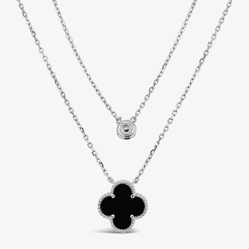 Double collier quatre trèfles agate noir