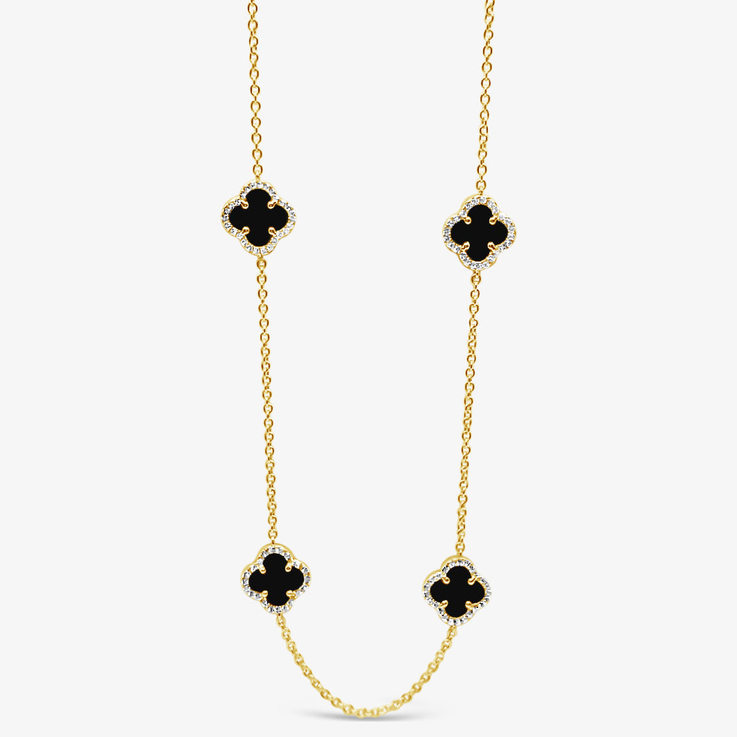 Six Four Leaf Clover-Black Agate -Gold